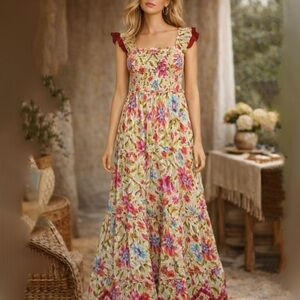 NWT House of Harlow 1960 Zoey Khaki Floral Whimsy Fairy Smock Pocket Maxi Dress